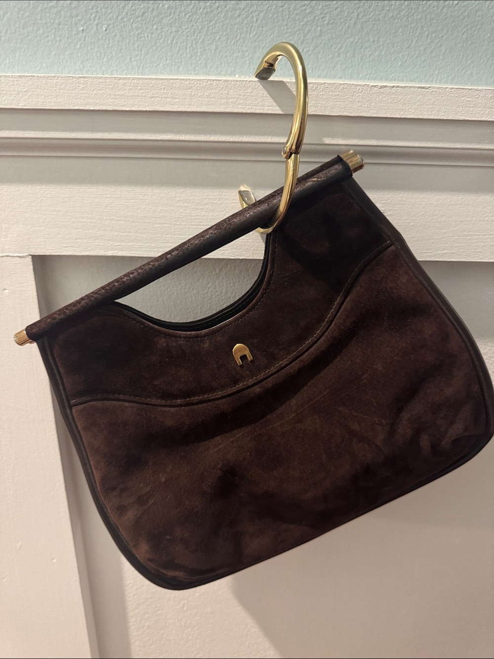 Etienne Aigner Dark Brown Suede Shoulder Bag with Gold Accent